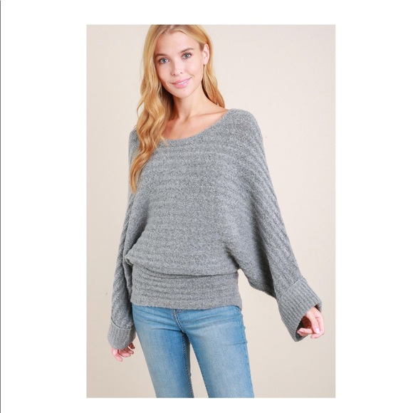 Ribbed Dolman Sleeve Multi-way Pullover - Picture 3 of 9